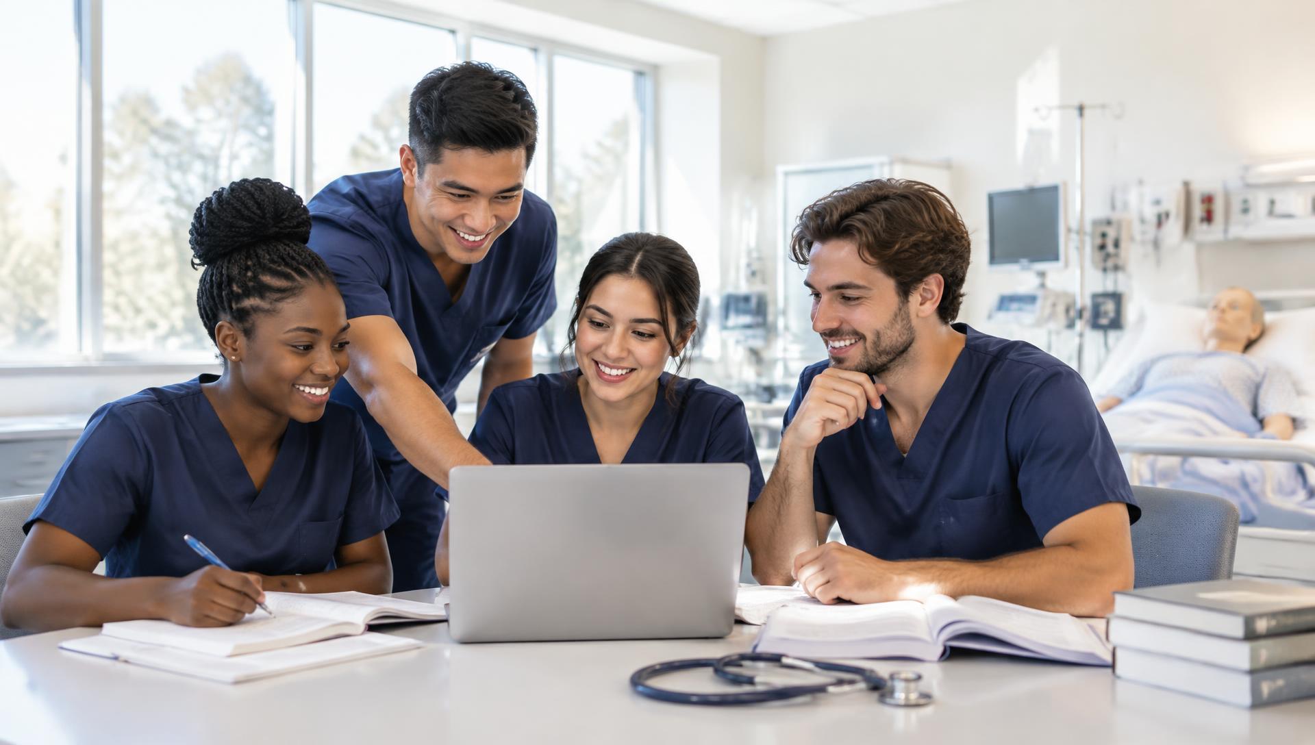 Nursing students studying together in a simulation lab